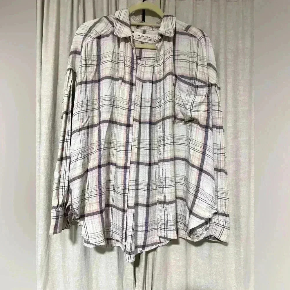 We The Free Plaid Button-Up Shirt in Soft Neutrals Size Small Oversized Layering